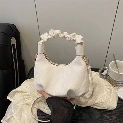 Pleated Handle Cloud Hobo Shoulder Bag PU Leather Detachable Strap Fashionable Solid Color Handbag For Women