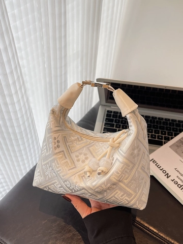Damen Schulter Umhängetasche Orientalische Jacquard Stickerei Geometrisches Blumenmuster Perlenquaste Verstellbare Handtasche