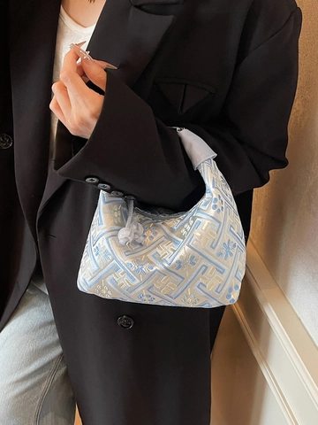 Damen Schulter Umhängetasche Orientalische Jacquard Stickerei Geometrisches Blumenmuster Perlenquaste Verstellbare Handtasche