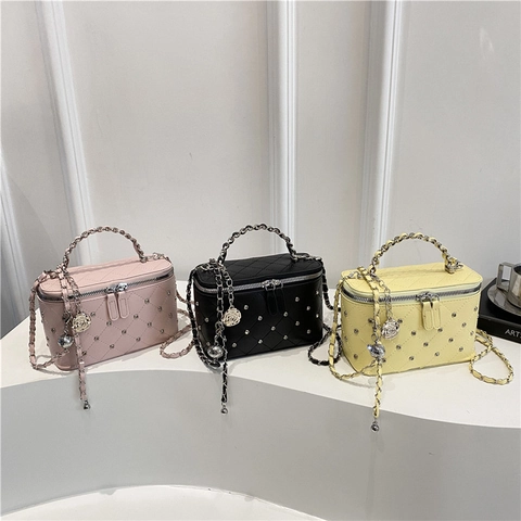 Bolso Bandolera de Mujer Acolchado de Cuir PU Moda Remaches Cadena Bolso de Hombro de Lujo Bolso Caja Estilo Vanity Case
