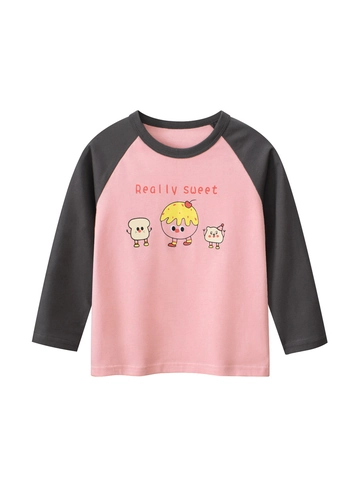 Camiseta De Manga Larga Para Niñas Algodón Raglán Color De Contraste Estampado De Dibujos Animados Top Casual Para Niños