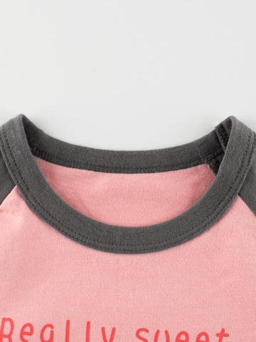 Camiseta De Manga Larga Para Niñas Algodón Raglán Color De Contraste Estampado De Dibujos Animados Top Casual Para Niños