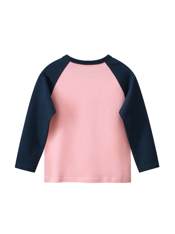 Maglietta Raglan da Bambina a Maniche Lunghe in Puro Cotone Rosa Blu Nobile Stampa di Cartone Animato Gatto Autunno Top Casual Girocollo