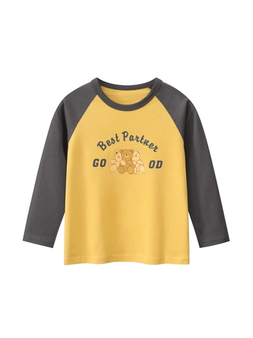 Maglietta A Maniche Lunghe Da Ragazza Cotone Raglan Stampa Orso Cartone Animato Girocollo