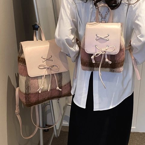 Zaino da Donna alla Moda in Pelle PU con Coulisse e Fiocco Stile Collegiale Casual Borsa a Tracolla Trendy Quotidiano