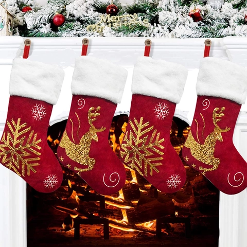 Großer Nikolausstiefel Polyester Samt Mit Goldenen Pailletten Rentier Stickerei Weißer Plüschrand Weihnachtsdeko Geschenkbeutel