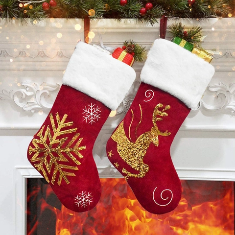 Großer Nikolausstiefel Polyester Samt Mit Goldenen Pailletten Rentier Stickerei Weißer Plüschrand Weihnachtsdeko Geschenkbeutel