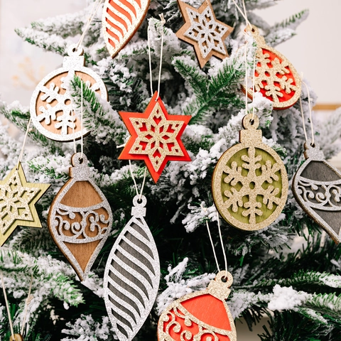 Adornos Colgantes de Madera para Árbol de Navidad con Purpurina Calados Copo de Nieve Estrella Formas Redondas