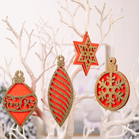 Adornos Colgantes de Madera para Árbol de Navidad con Purpurina Calados Copo de Nieve Estrella Formas Redondas