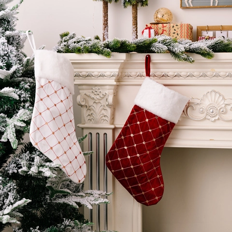 Argyle Quilted Christmas Stocking Velvet Fireplace Hanging Gift Bag With Faux Fur Cuff Red White Sequin Holiday Decor