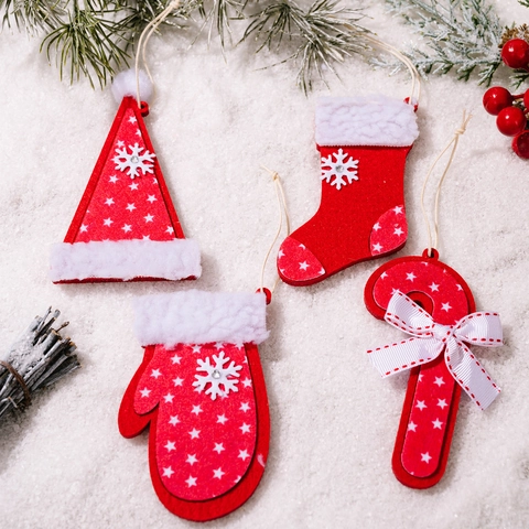 Adornos Colgantes de Navidad de Fieltro Rojo Blanco Con Ribete de Felpa Patrón Copo de Nieve Estrella Decoración de Árbol