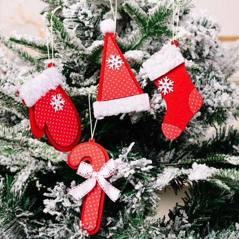 Adornos Colgantes de Navidad de Fieltro Rojo Blanco Con Ribete de Felpa Patrón Copo de Nieve Estrella Decoración de Árbol