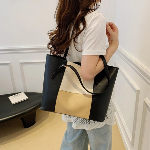 Bolso Tote Bloques De Color Cuero PU Gran Capacidad Correas Ajustables Simple Moderno Para Mujeres