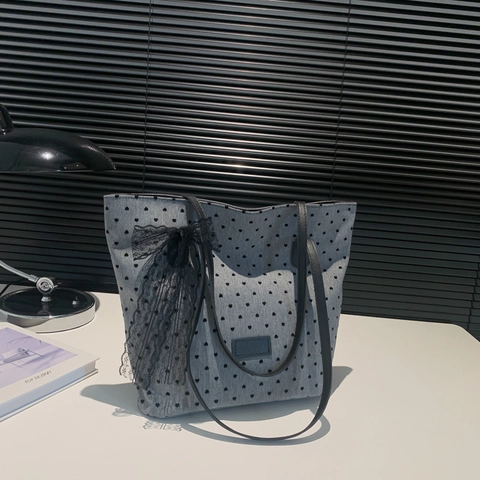 Sac Fourre-tout de Mode pour Femmes Grande Capacité Imprimé à Pois et Cœur Style Coréen Sac à Bandoulière Avec Nœud en Dentelle