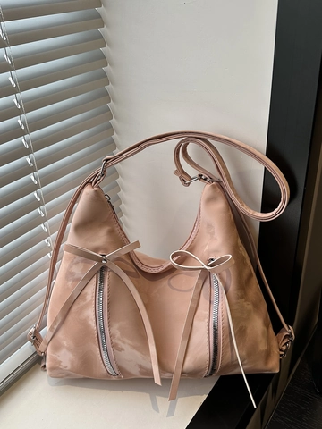 Large PU Shoulder Bag For Women Bow Decoration Double Zipper Hobo Tote Vintage Simple Style