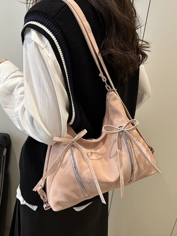 Large PU Shoulder Bag For Women Bow Decoration Double Zipper Hobo Tote Vintage Simple Style