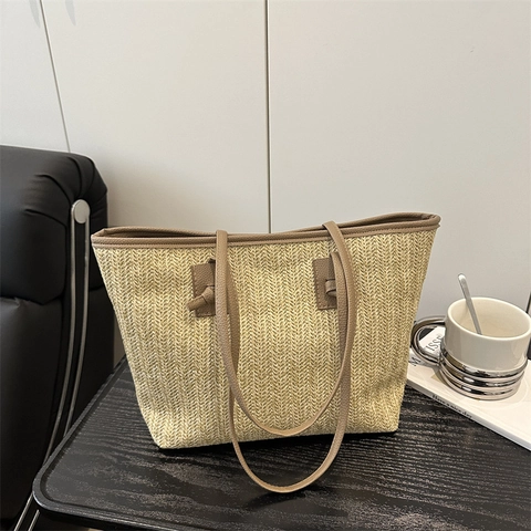 Damen Große Kapazität Stroh Gewebt Tragetasche Sommer Boho Strand Urlaub Schultertasche Mit PU Leder Griff Täglich Pendeln Handtasche