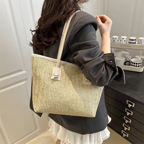 Große Kapazität Stroh Gewebte Tragetasche Für Damen Sommer Lässig Mode Handtasche Kontrastfarbe Umhängetasche Mit Knoten