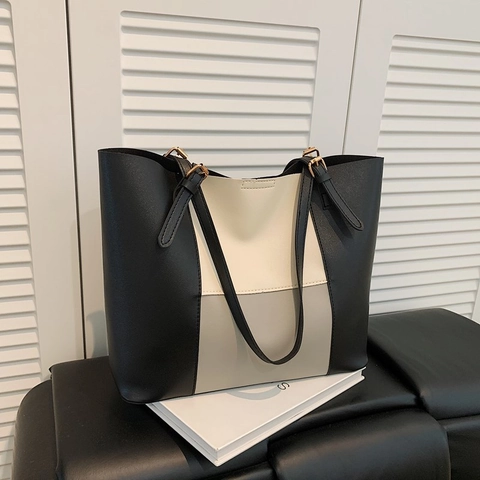 Bolso Tote de Cuero PU para Mujer Bloque de Color Gran Capacidad Bolso de Hombro Casual Diario Minimalista con Costuras