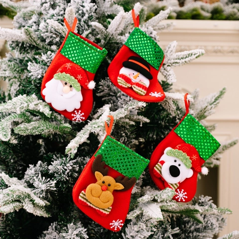 Mini Calza Di Natale Addobbo Da Appendere In Feltro Con Babbo Natale Pupazzo Di Neve Renna Orso Cartoni Paillettes Verdi Ricamo