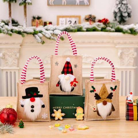 Christmas Gnome Burlap Gift Bag With 3D Applique Striped Handle Santa Snowman Reindeer Linen Candy Tote For Festive Holiday Party Kids Treat Pouch