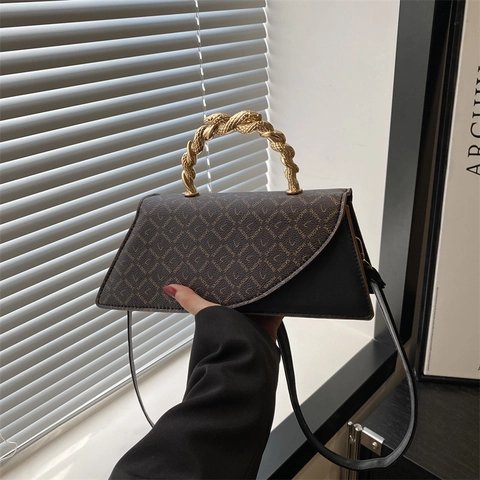 Borsa a Tracolla da Donna in Stile Francese Irregolare Patchwork Vintage con Stampa Monogramma in Pelle PU e Manico in Metallo Oro