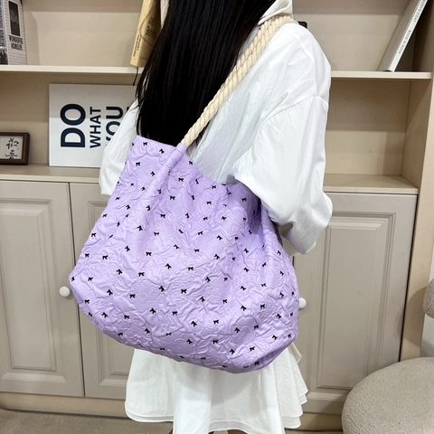 Borsa Tote in Tela da Donna con Fiocco Pieghettata di Grande Capacità Borsa a Tracolla con Manico in Corda Casual Versatile