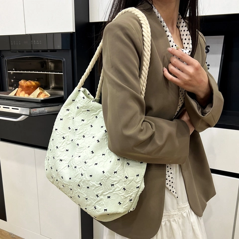 Bolso Tote Para Mujer Estampado De Lazo Tela Texturizada Gran Capacidad Bolso De Hombro Con Asa De Cuerda De Algodón