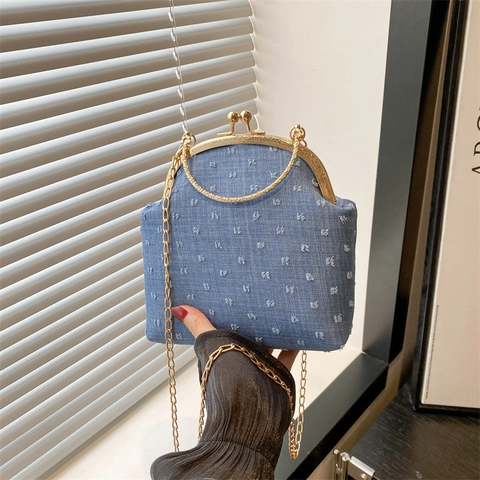 Vintage Kiss-lock Umhängetasche Für Damen Retro Punktemuster Texturierte Stoff Schultertasche Mit Goldringgriff Und Kettenriemen