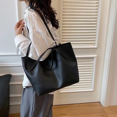 Women Large Capacity PU Leather Tote Bag Minimalist Shoulder Bag For Commuting Shopping School Daily Solid Color Handbag