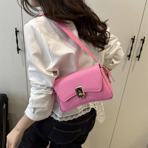 Women Urban Minimalist PU Leather Shoulder Bag Solid Color Square Crossbody Bag With Metal Buckle Underarm Handbag