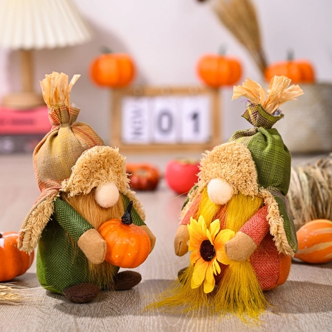Autumn Harvest Thanksgiving Gnome Doll Faceless Plush Dwarf With Pumpkin Sunflower Plaid Hat Farmhouse Table Decoration For Home Party