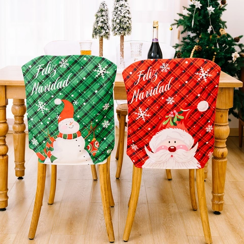 Christmas Dining Chair Back Covers Set Red Green Plaid Pattern Santa Claus Snowman Print Polyester Fabric Holiday Home Table Decorations