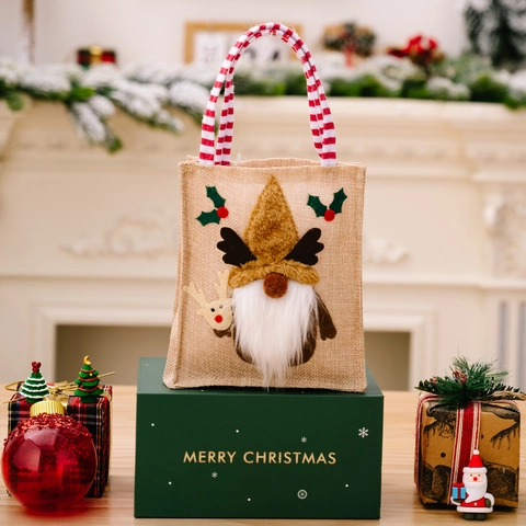 Christmas Burlap Gift Bags Gnome Snowman Reindeer Pattern Festive Candy Packing Handbags Xmas Holiday Party Decorations