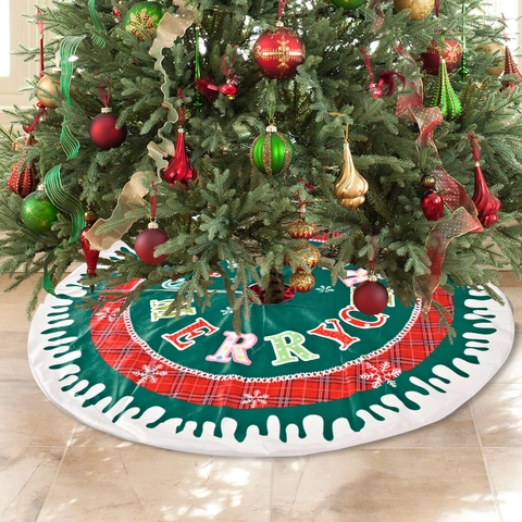 Jupe De Sapin De Noël Ronde Tissu Écossais Rouge Noir Flocon De Neige Merry Christmas Lettre Bord Festonné Déco