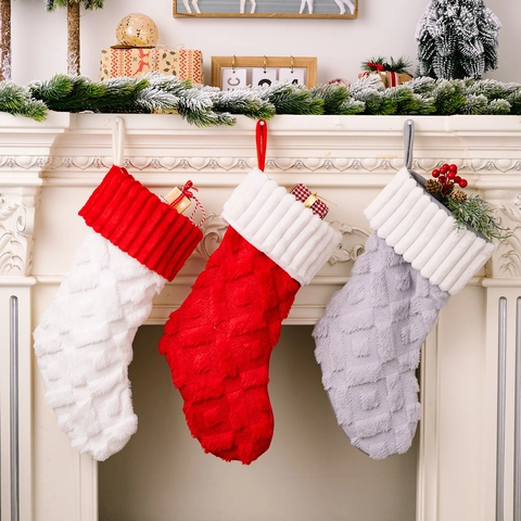 Plush Knitted Christmas Stocking With Hanging Loop Red Grey White Large Diamond Grid Pattern Xmas Gift Bag Home Decor