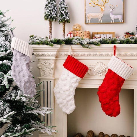 Plush Knitted Christmas Stocking With Hanging Loop Red Grey White Large Diamond Grid Pattern Xmas Gift Bag Home Decor