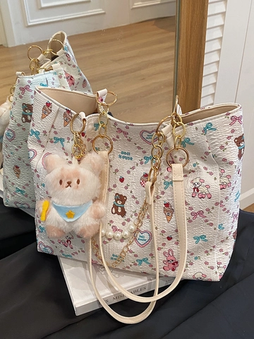 Borsa Tote da Donna a Grande Capacità Con Stampa a Cartoni Animati Simpatico Coniglio Orso Tracolla Con Catena Perla Artificial
