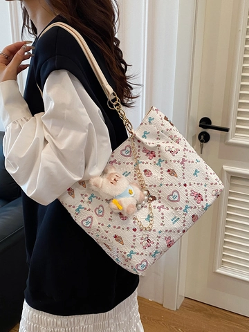 Borsa Tote da Donna a Grande Capacità Con Stampa a Cartoni Animati Simpatico Coniglio Orso Tracolla Con Catena Perla Artificial