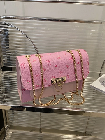 Women PU Leather Shoulder Bag Small Square Crossbody Handbag With Cherry Bow Print Gold Chain Strap Metal Lock Sweet Style