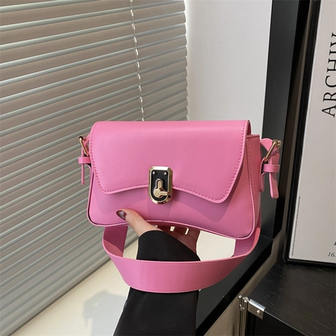 Women Shoulder Bag PU Leather Retro Small Square Flap Underarm Bag With Golden Metal Turn Lock Wide Strap Solid Color