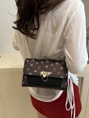 Women PU Leather Shoulder Bag Small Square Crossbody Handbag With Cherry Bow Print Gold Chain Strap Metal Lock Sweet Style