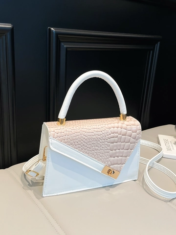Women Structured PU Leather Crocodile Embossed Patchwork Top Handle Shoulder Bag Golden Metal Turn Lock Crossbody