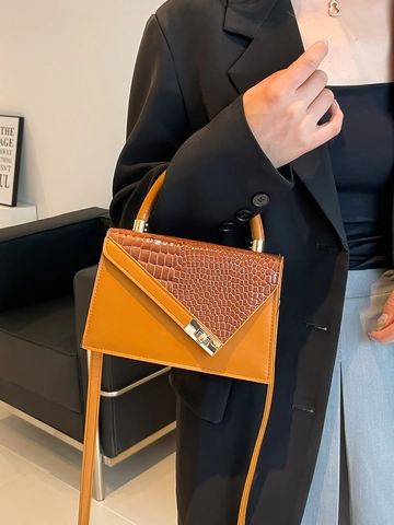 Women Structured PU Leather Crocodile Embossed Patchwork Top Handle Shoulder Bag Golden Metal Turn Lock Crossbody