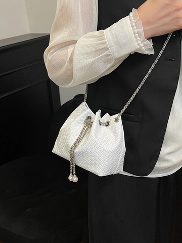 Fashion Woven PU Leather Bucket Bag For Women Metallic Texture Chain Shoulder Bag With Artificial Pearl Decor Elegant Crossbody Bag