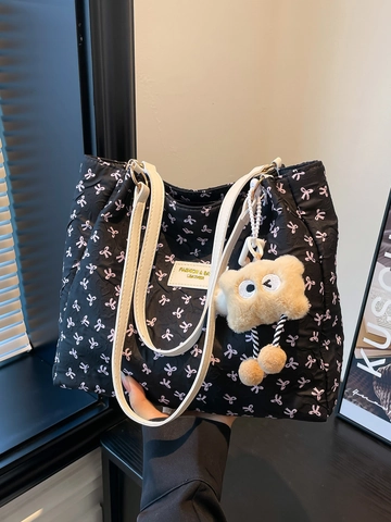 Women Fashion Bow Print Quilted Tote Bag Lightweight PU Fabric Shoulder Bag Large Capacity Daily Commute Underarm Handbag