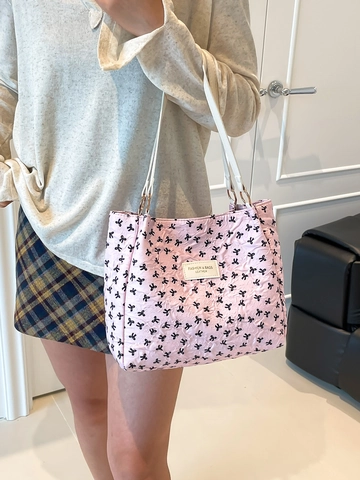 Women Fashion Bow Print Quilted Tote Bag Lightweight PU Fabric Shoulder Bag Large Capacity Daily Commute Underarm Handbag