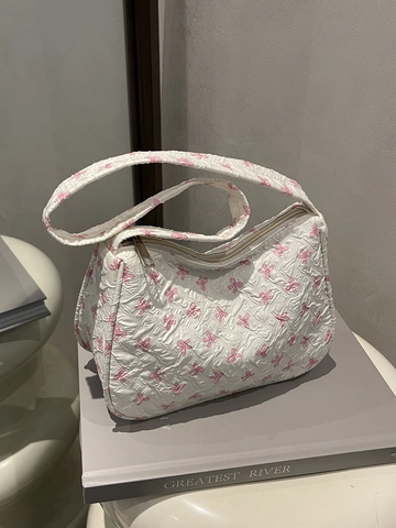 Borsa Sottobraccio Dolce Con Stampa Fiocco Rosa Per Donna Borsa A Spalla Hobo Trapuntata Jacquard Forma Mezza Luna Con Cerniera