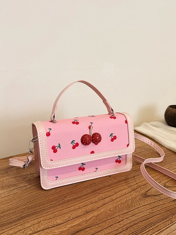 Damen Handtasche Mit Kirschdruck Süße 3D Kirsch-Deko PU-Leder Umhängetasche Kleine Quadratische Tasche Mit Verstellbarem Schultergurt