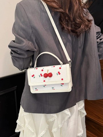 Damen Handtasche Mit Kirschdruck Süße 3D Kirsch-Deko PU-Leder Umhängetasche Kleine Quadratische Tasche Mit Verstellbarem Schultergurt